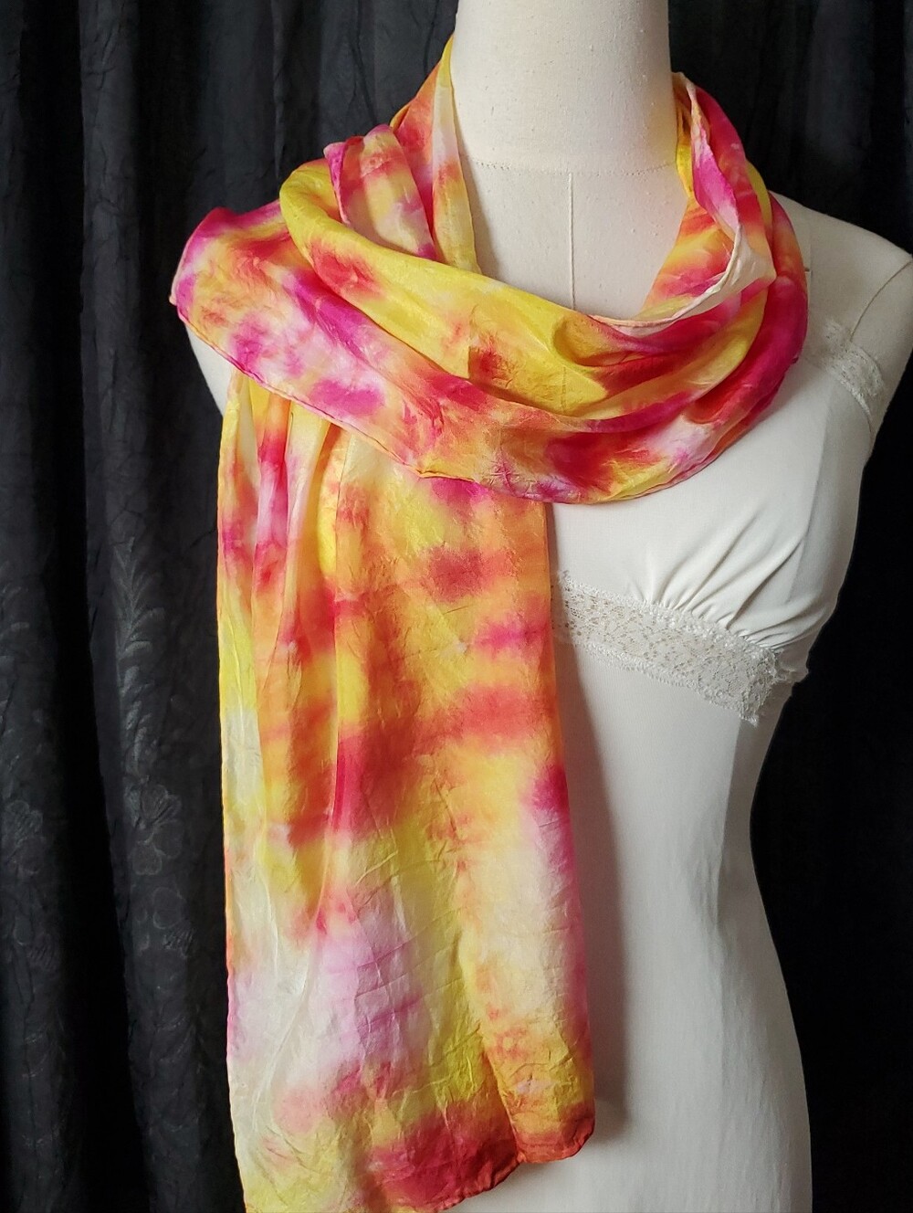 100% Silk Scarf Pink Yellow Watercolor Tie-Dye Rolled Hem Rectangle 10" x 58"